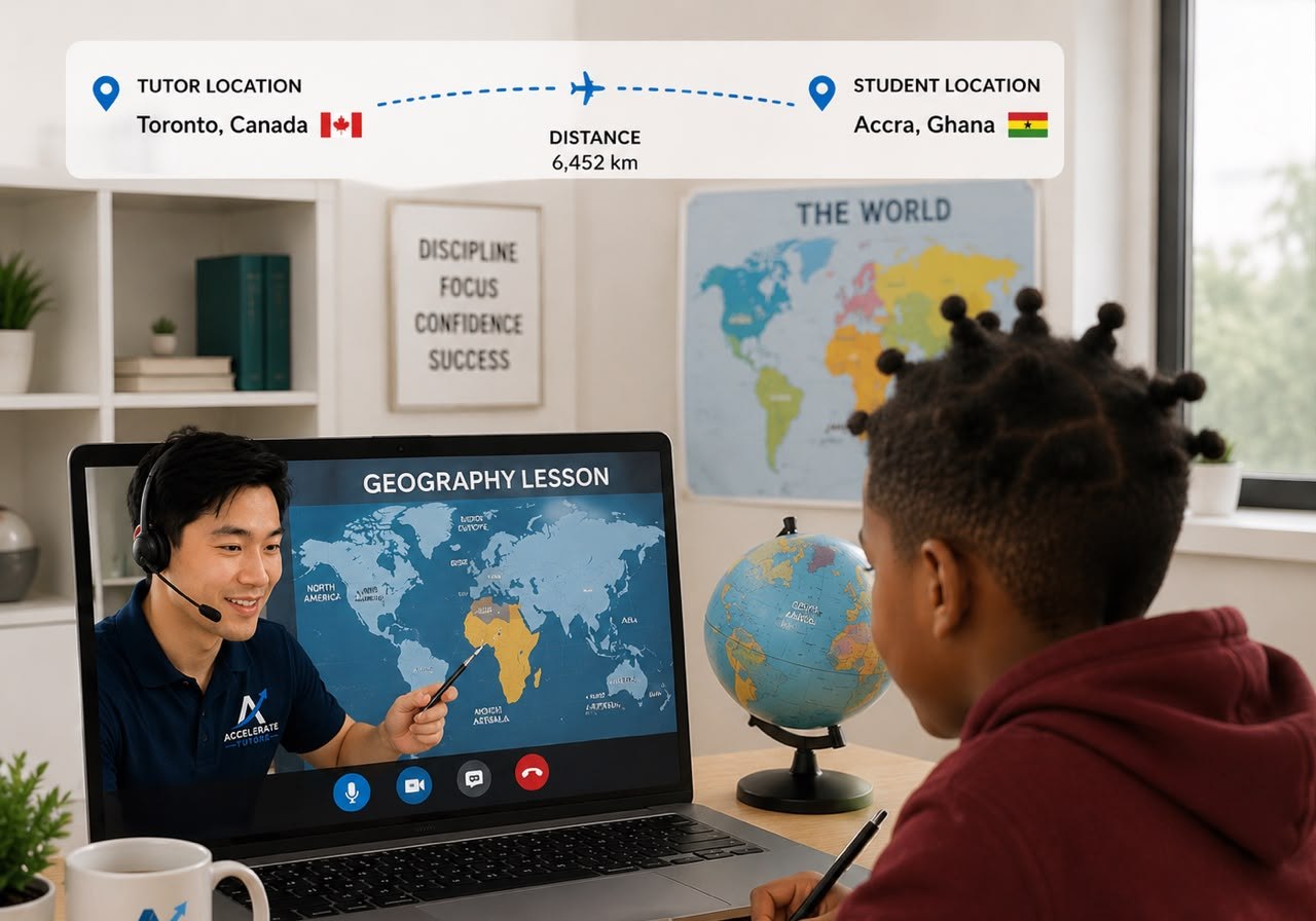 Tutor in Toronto, Canada teaching a student in Accra, Ghana over video call