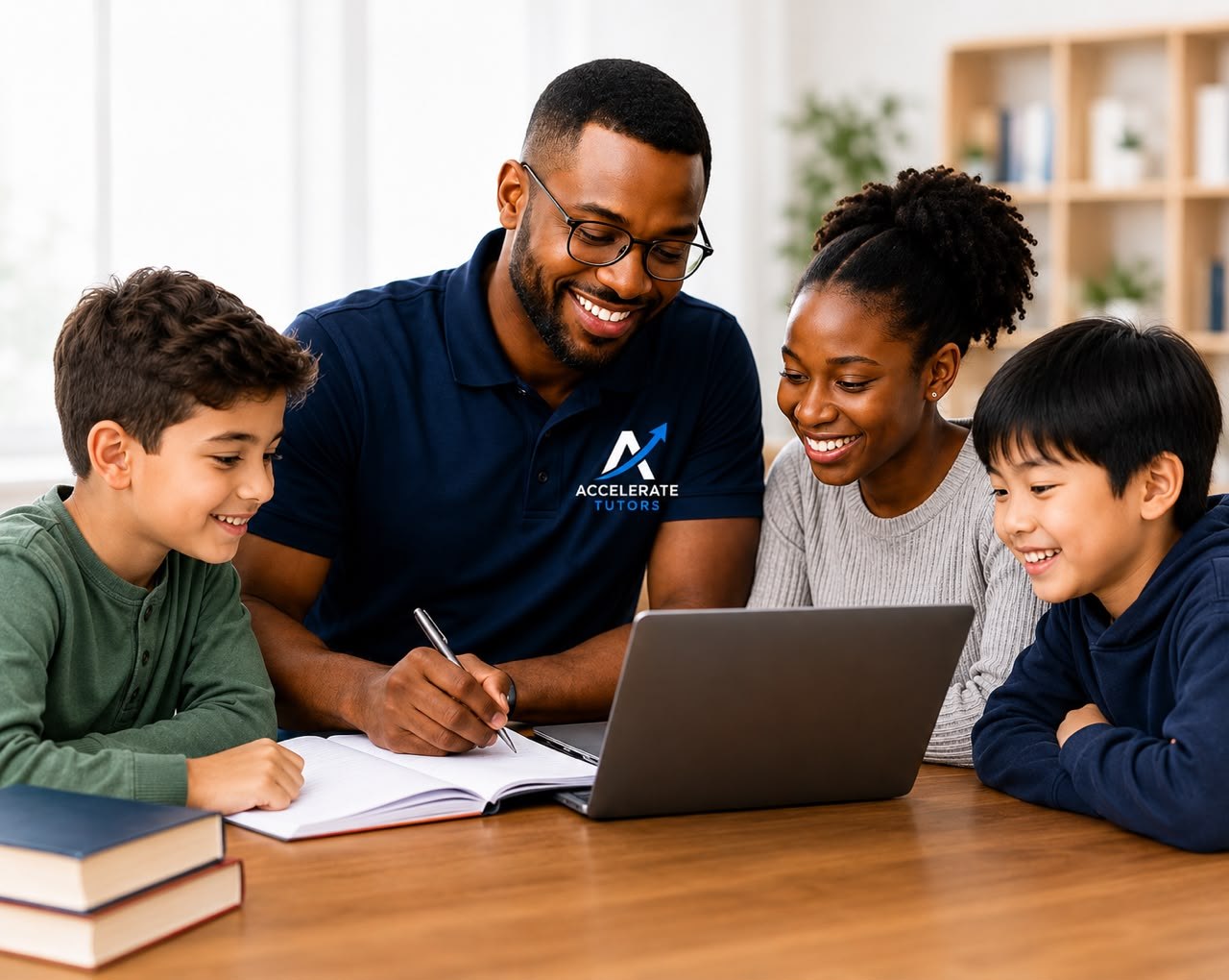 A tutor working with a family and two children on a laptop