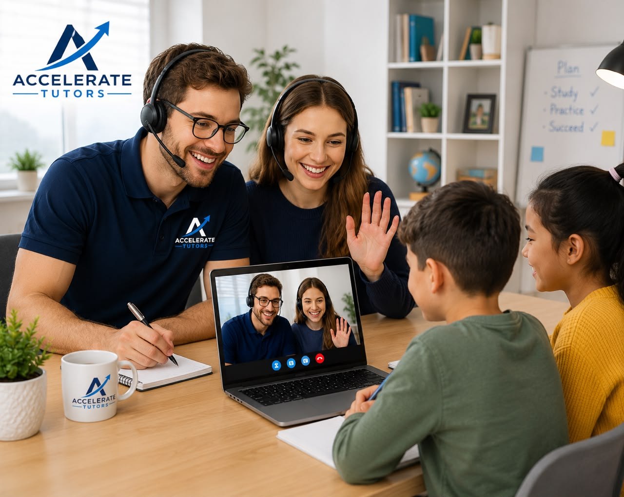 A family video calling their tutor together