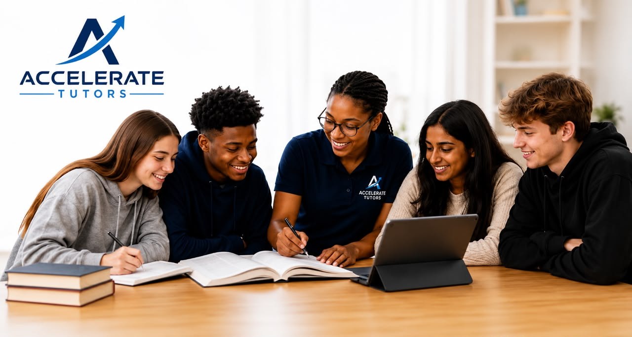 A tutor working with a diverse group of five students